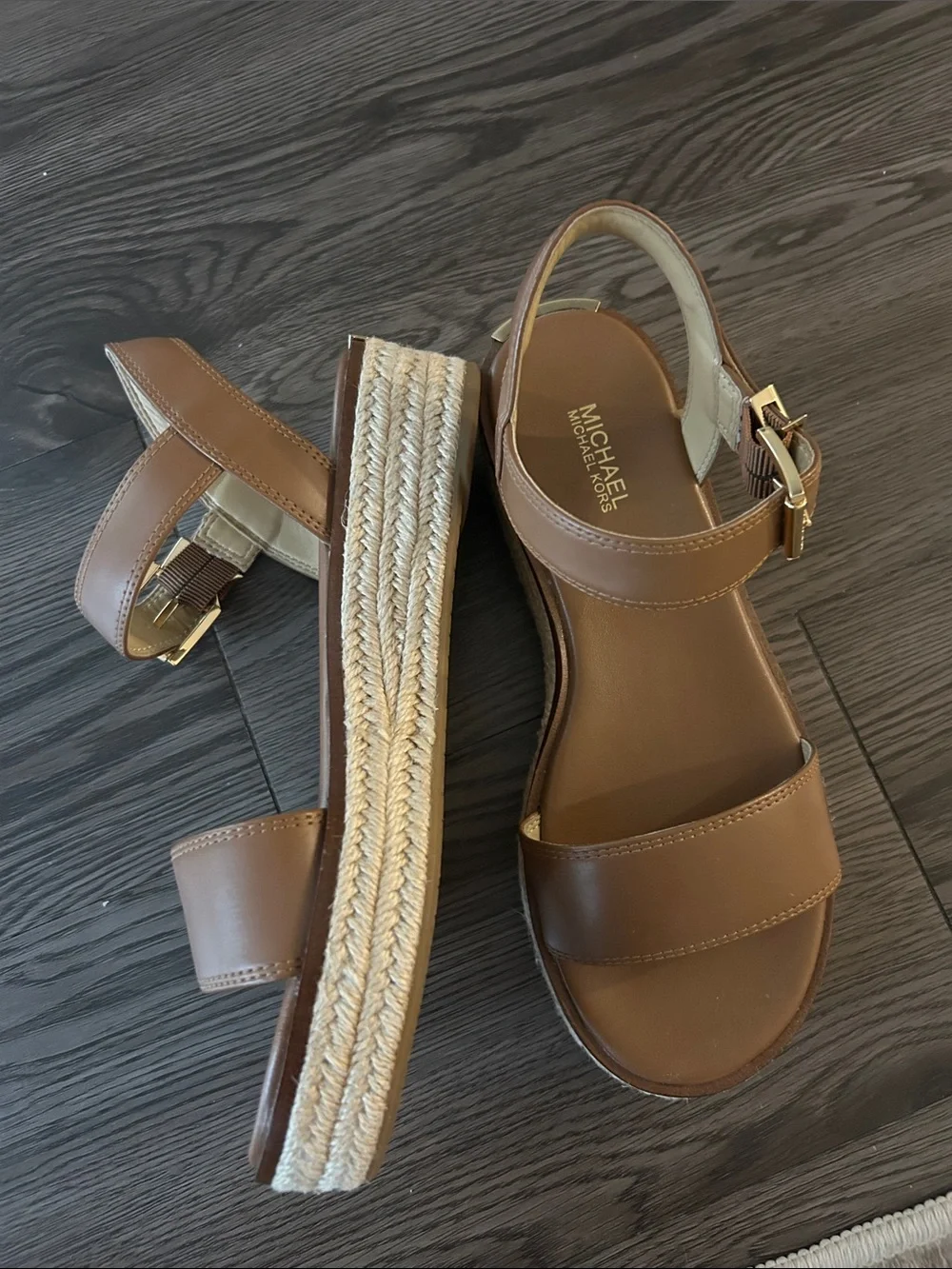 NWOT Michael Kors Luggage Brown Leather Platform Espadrille Sandal